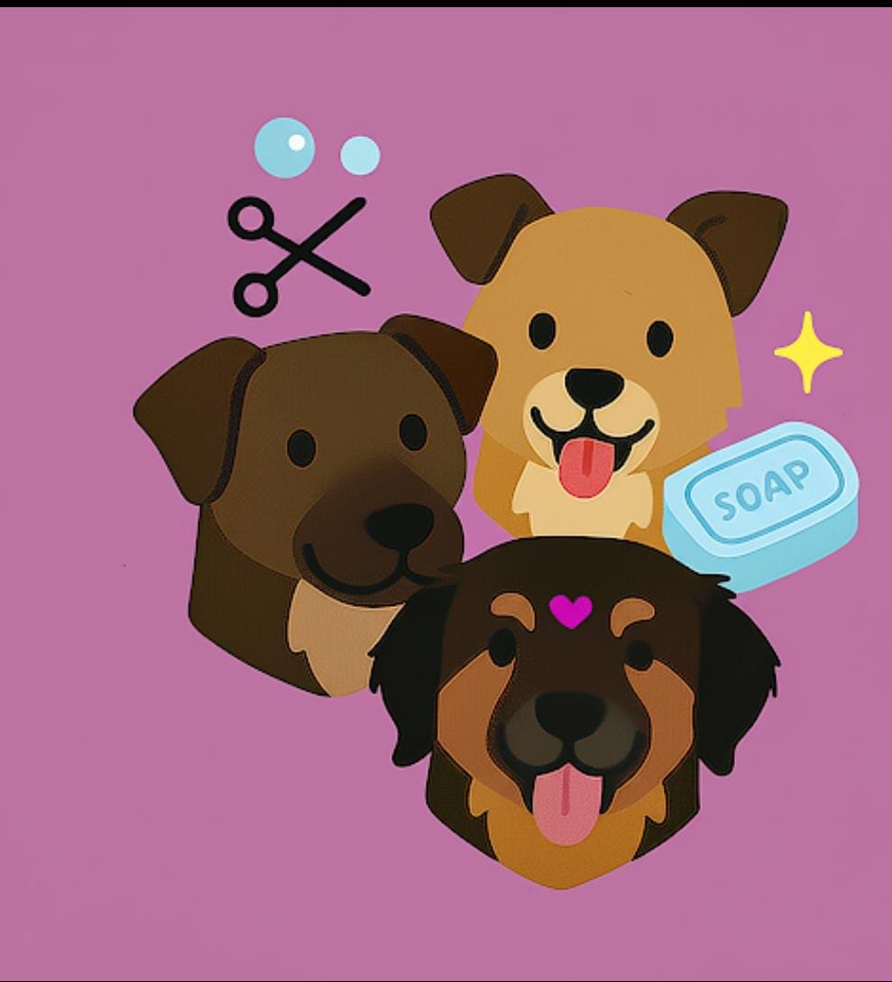 Ilustración de Iara Petcare con tres perros, tijeras y jabón