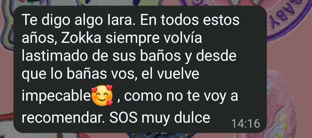 Captura de mensaje recomendando a Iara Petcare por el cuidado durante el baño